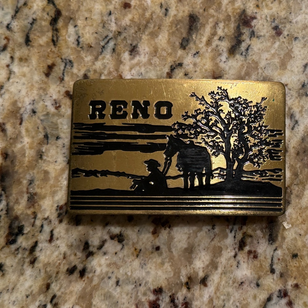 Vintage Reno Gold Belt Buckle With Western Cowboy and Horse